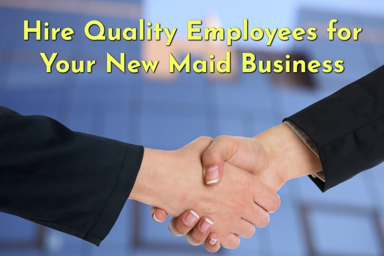 Two women shaking hands after one hires the other for her new maid business.