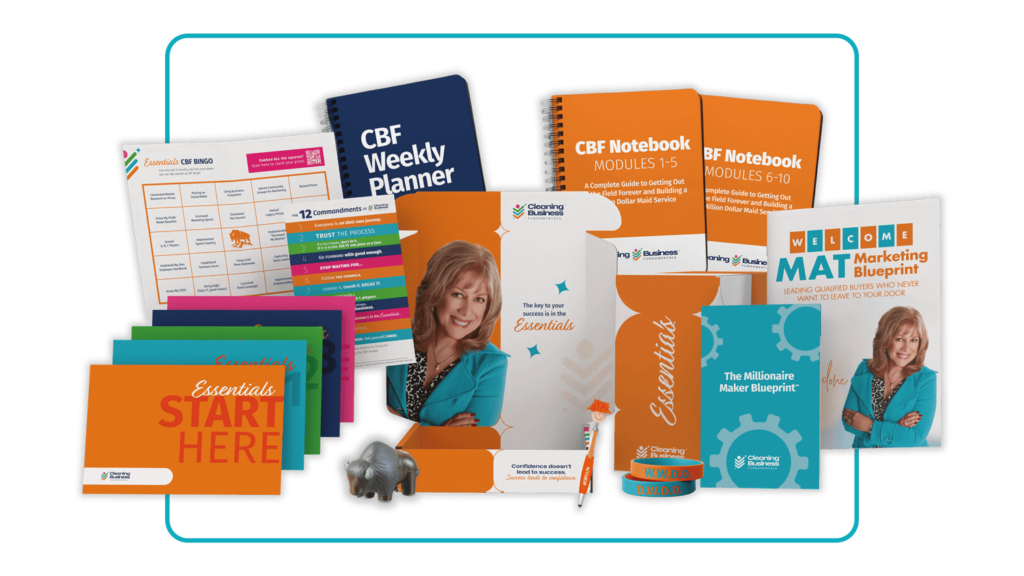 display of the cleaning business fundamentals program kit including books, planner, and program guides