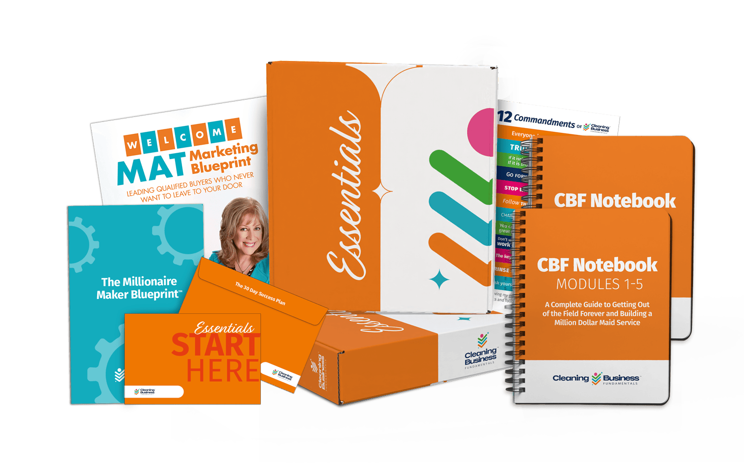 display of the cleaning business fundamentals program kit including books, planner, and program guides