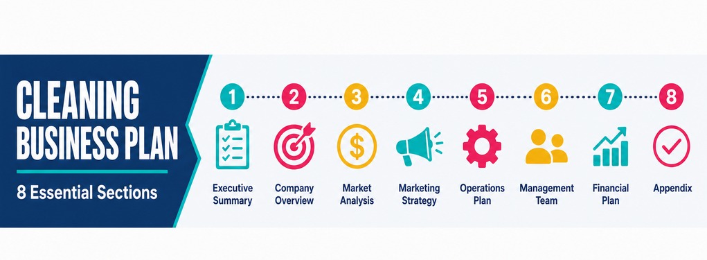 How to Write a Cleaning Business Plan - 8 Essential Sections infographic showing Executive Summary, Company Overview, Market Analysis, Marketing Strategy, Operations Plan, Management Team, Financial Plan